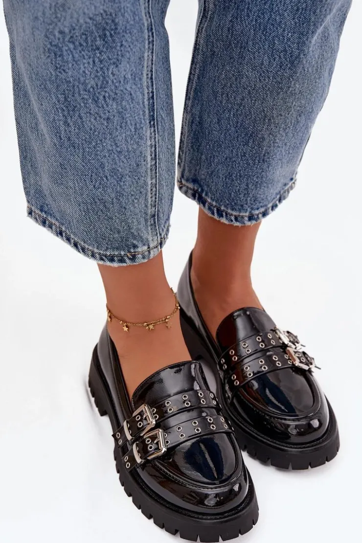 Boto Mokasyny Damskie Lakierowane Z Paskami I Srebrnymi Klamrami Czarne Gabrisse