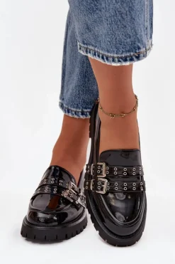 Boto Mokasyny Damskie Lakierowane Z Paskami I Srebrnymi Klamrami Czarne Gabrisse