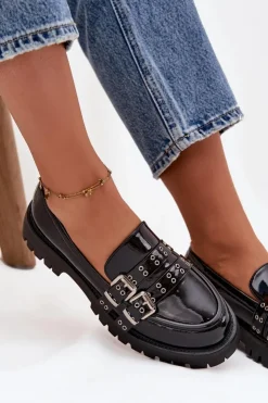 Boto Mokasyny Damskie Lakierowane Z Paskami I Srebrnymi Klamrami Czarne Gabrisse