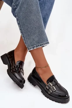 Boto Mokasyny Damskie Lakierowane Z Paskami I Srebrnymi Klamrami Czarne Gabrisse