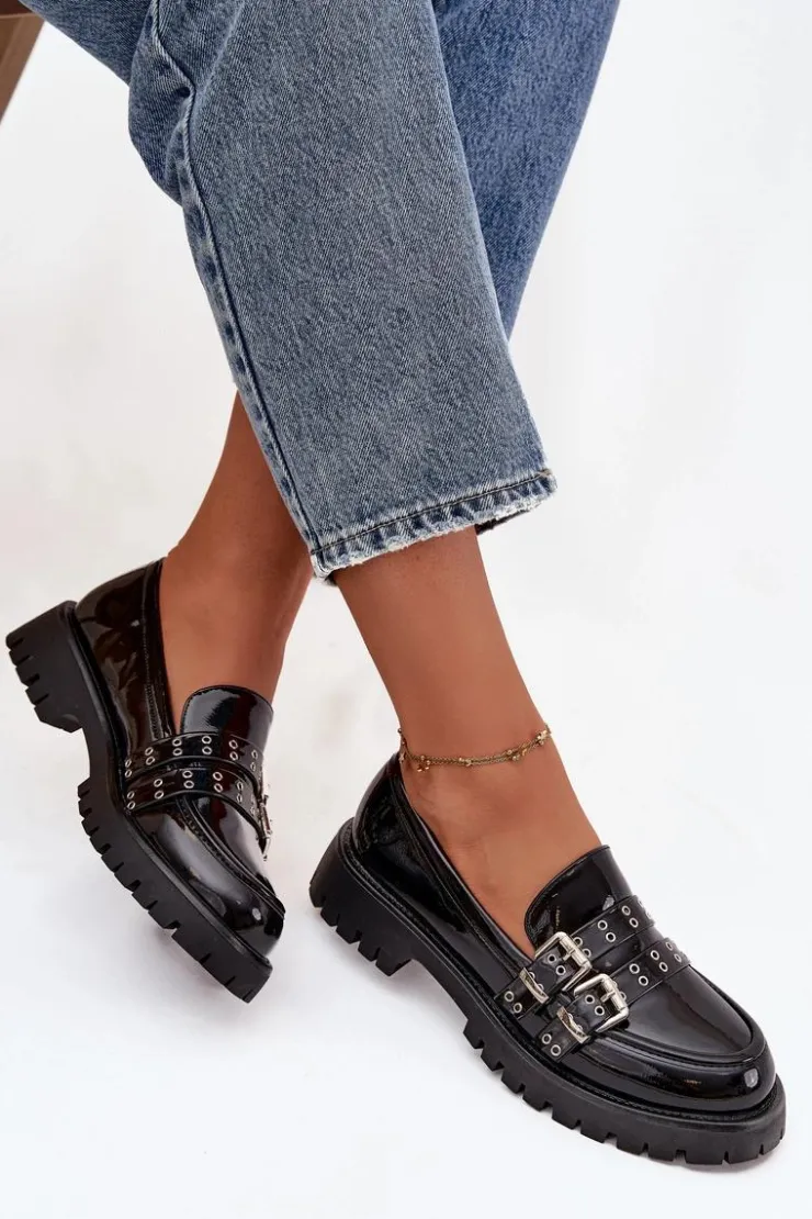 Boto Mokasyny Damskie Lakierowane Z Paskami I Srebrnymi Klamrami Czarne Gabrisse