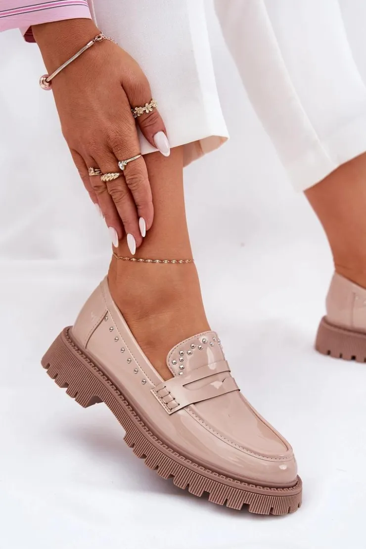 Boto Loafersy Damskie|Mokasyny Płaskie*Mokasyny Damskie Lakierowane Ze Zdobieniem Beżowe Nallae