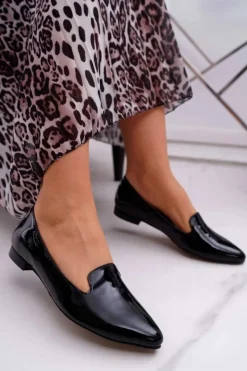 Outlet Boto Mokasyny Damskie Lakierowane Loafery Czarne Sinedos