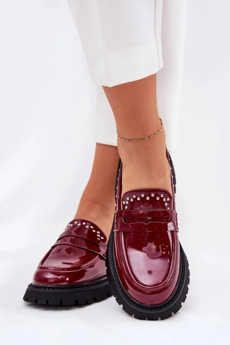 Hot Boto Mokasyny Damskie Lakierowane Ze Zdobieniem Bordowe Nallae Czerwony