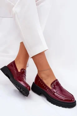 Hot Boto Mokasyny Damskie Lakierowane Ze Zdobieniem Bordowe Nallae Czerwony