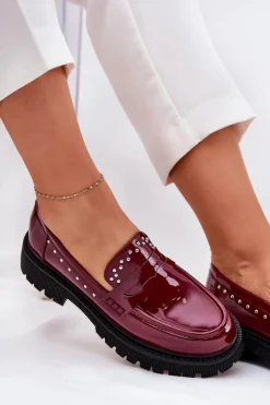 Hot Boto Mokasyny Damskie Lakierowane Ze Zdobieniem Bordowe Nallae Czerwony
