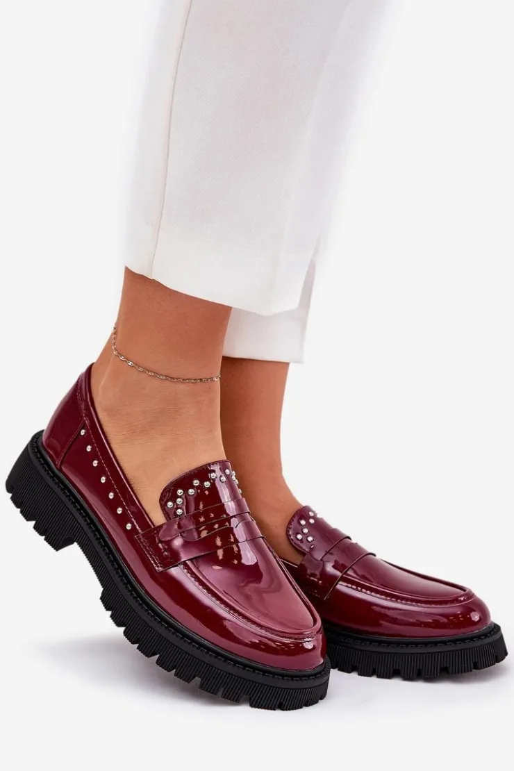 Hot Boto Mokasyny Damskie Lakierowane Ze Zdobieniem Bordowe Nallae Czerwony