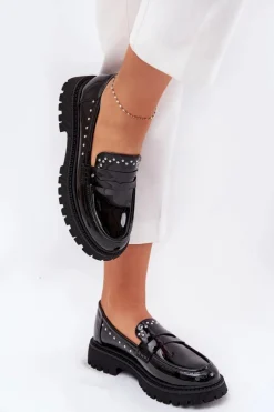 Damskie Boto Mokasyny Damskie Lakierowane Ze Zdobieniem Czarne Nallae