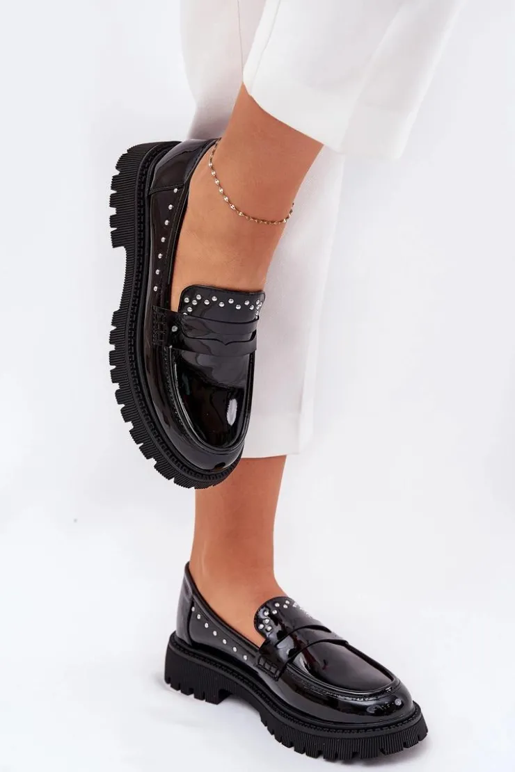 Damskie Boto Mokasyny Damskie Lakierowane Ze Zdobieniem Czarne Nallae