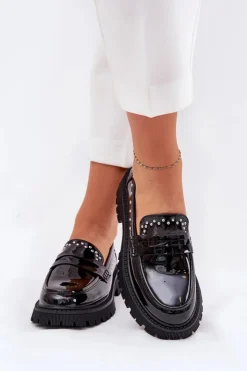 Damskie Boto Mokasyny Damskie Lakierowane Ze Zdobieniem Czarne Nallae