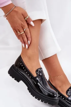 Damskie Boto Mokasyny Damskie Lakierowane Ze Zdobieniem Czarne Nallae