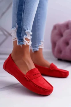 Clearance Boto Mokasyny Damskie Lekkie Eko-zamsz Czerwone Limez