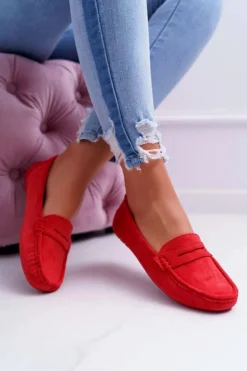 Clearance Boto Mokasyny Damskie Lekkie Eko-zamsz Czerwone Limez