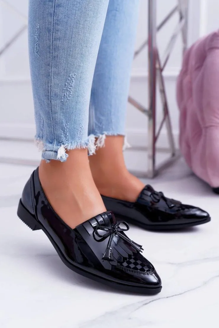 Boto Mokasyny Damskie Lu Boo Czarne Lakierowane Loafer
