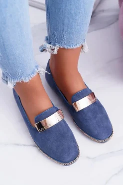 Damskie Boto Mokasyny Damskie Lu Boo Granatowe Łańcuch Zamsz Panama