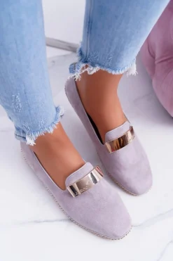 Boto Mokasyny Damskie Zamszowe*Mokasyny Damskie Lu Boo Szare Złoty Łańcuch Panama