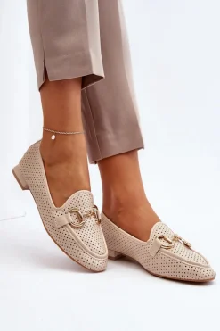 Sale Boto Mokasyny Damskie Na Płaskim Obcasie Z Ozdobą Beżowe Iluvana Beżowy