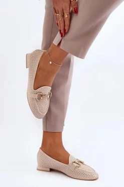 Sale Boto Mokasyny Damskie Na Płaskim Obcasie Z Ozdobą Beżowe Iluvana Beżowy