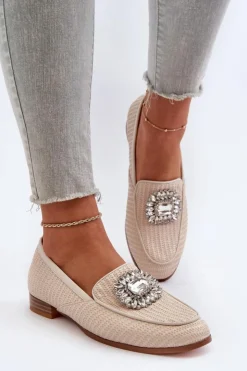 Damskie Damskie buty S.Barski Mokasyny Damskie Na Płaskim Obcasie Z Broszką Beżowe D&A MR38-676