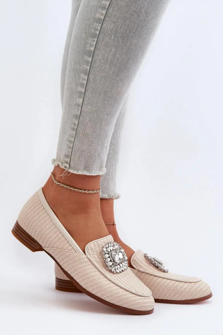 Damskie Damskie buty S.Barski Mokasyny Damskie Na Płaskim Obcasie Z Broszką Beżowe D&A MR38-676
