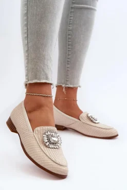 Damskie Damskie buty S.Barski Mokasyny Damskie Na Płaskim Obcasie Z Broszką Beżowe D&A MR38-676
