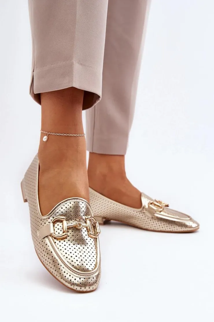 Boto Mokasyny Damskie Skórzane*Mokasyny Damskie Na Płaskim Obcasie Z Ozdobą Złote Iluvana