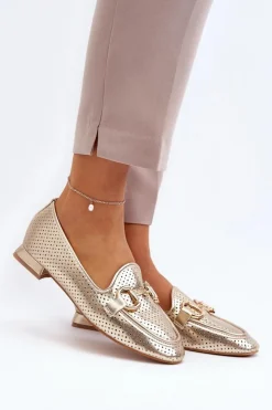 Boto Mokasyny Damskie Skórzane*Mokasyny Damskie Na Płaskim Obcasie Z Ozdobą Złote Iluvana