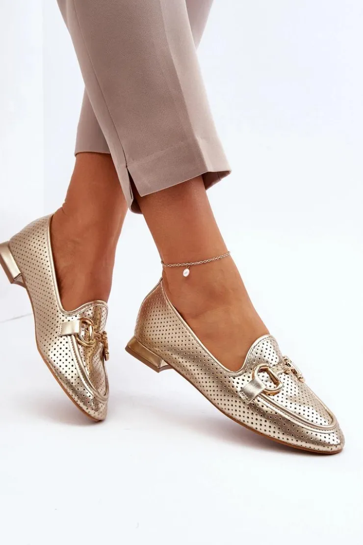 Boto Mokasyny Damskie Skórzane*Mokasyny Damskie Na Płaskim Obcasie Z Ozdobą Złote Iluvana