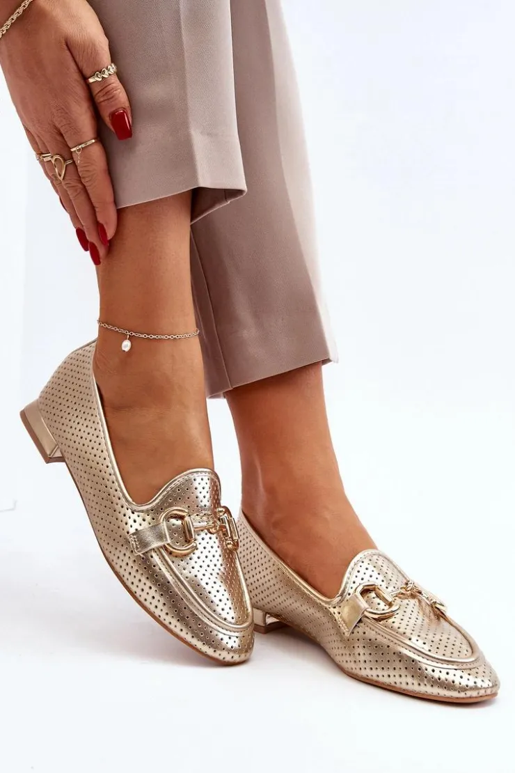 Boto Mokasyny Damskie Skórzane*Mokasyny Damskie Na Płaskim Obcasie Z Ozdobą Złote Iluvana