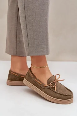 Outlet Boto Mokasyny Damskie Na Płaskiej Podeszwie Ciemnozielone Timannie