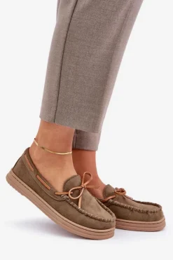 Outlet Boto Mokasyny Damskie Na Płaskiej Podeszwie Ciemnozielone Timannie