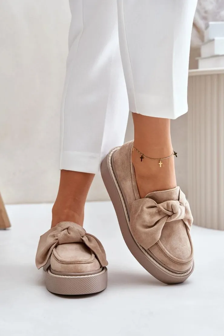 Clearance Boto Mokasyny Damskie Na Platformie Z Kokardą Beżowe Naivine