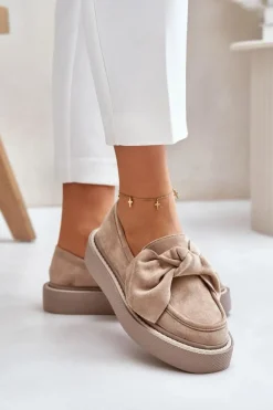 Clearance Boto Mokasyny Damskie Na Platformie Z Kokardą Beżowe Naivine