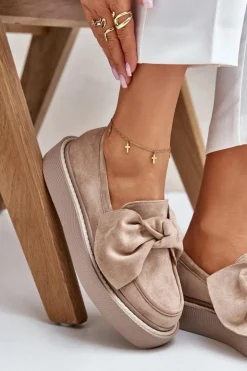 Clearance Boto Mokasyny Damskie Na Platformie Z Kokardą Beżowe Naivine