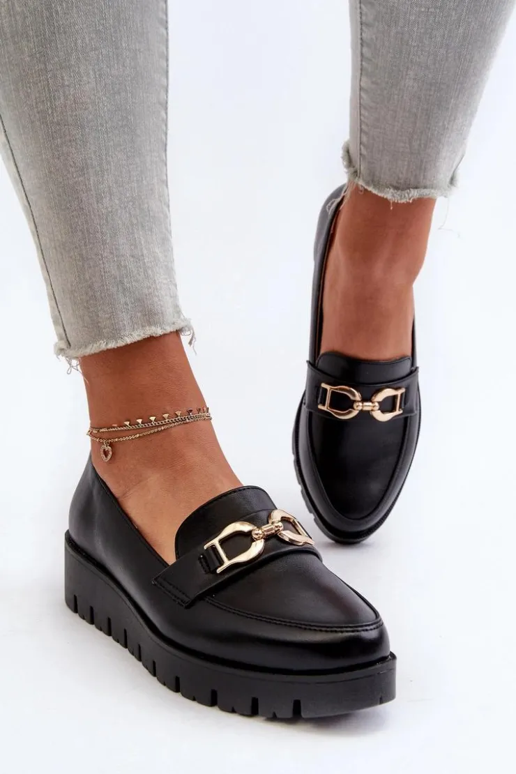 Outlet Evento Mokasyny Damskie Na Platformie Z Ozdobą Czarne Kaldina
