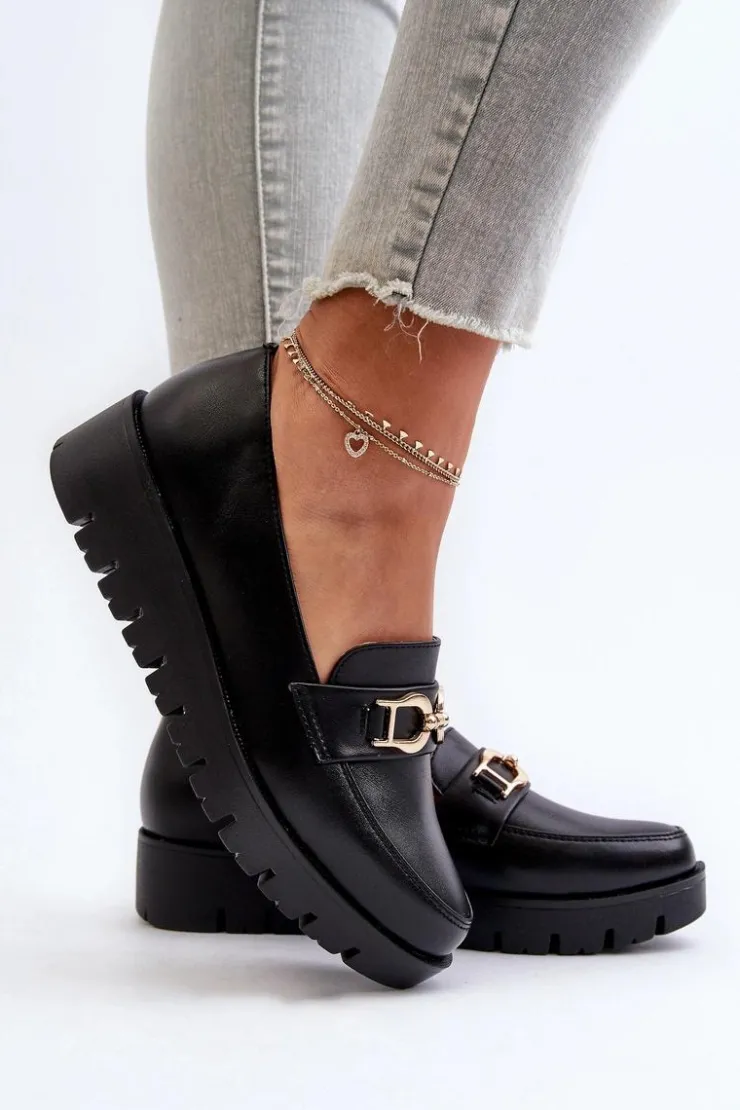 Outlet Evento Mokasyny Damskie Na Platformie Z Ozdobą Czarne Kaldina