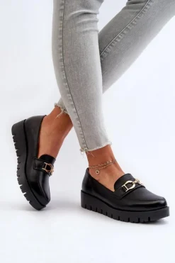 Outlet Evento Mokasyny Damskie Na Platformie Z Ozdobą Czarne Kaldina