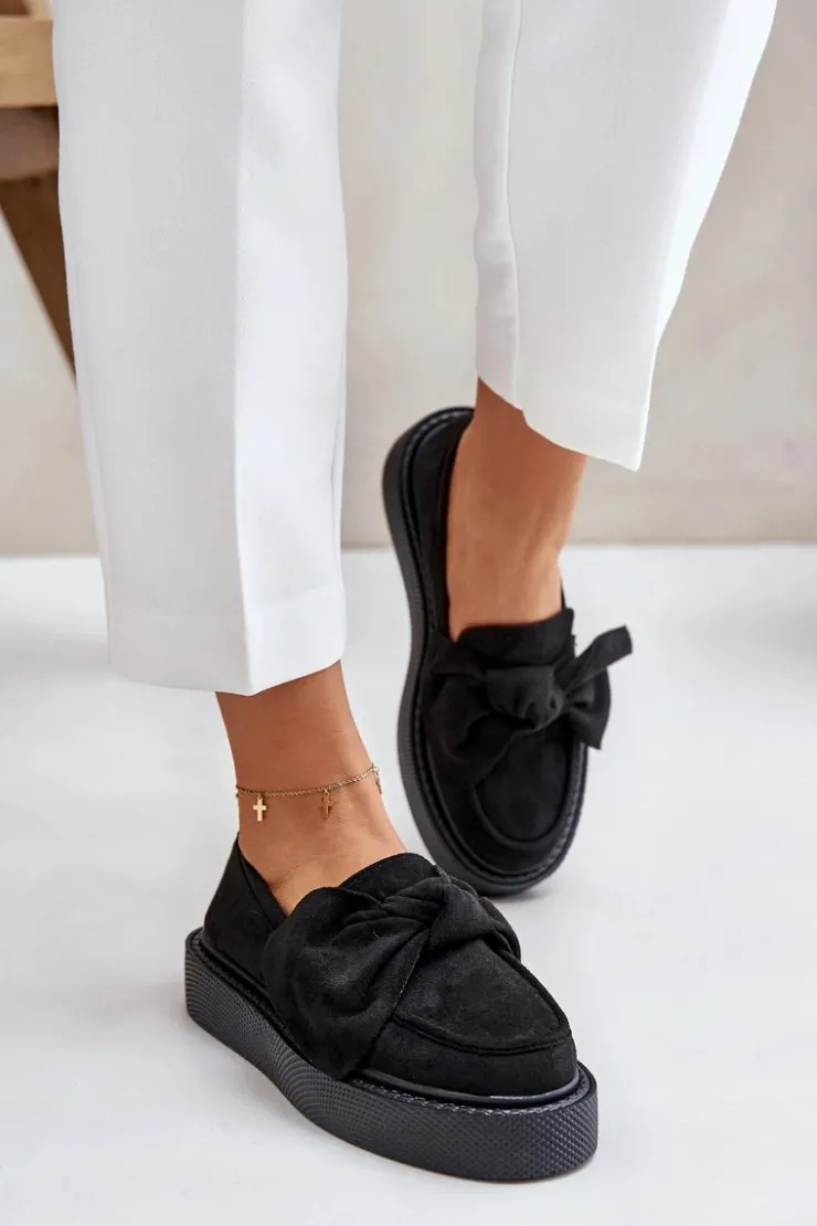 Damskie Boto Mokasyny Damskie Na Platformie Z Kokardą Czarne Naivine