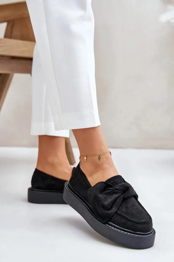 Damskie Boto Mokasyny Damskie Na Platformie Z Kokardą Czarne Naivine