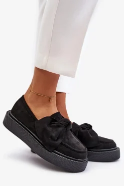 Damskie Boto Mokasyny Damskie Na Platformie Z Kokardą Czarne Naivine