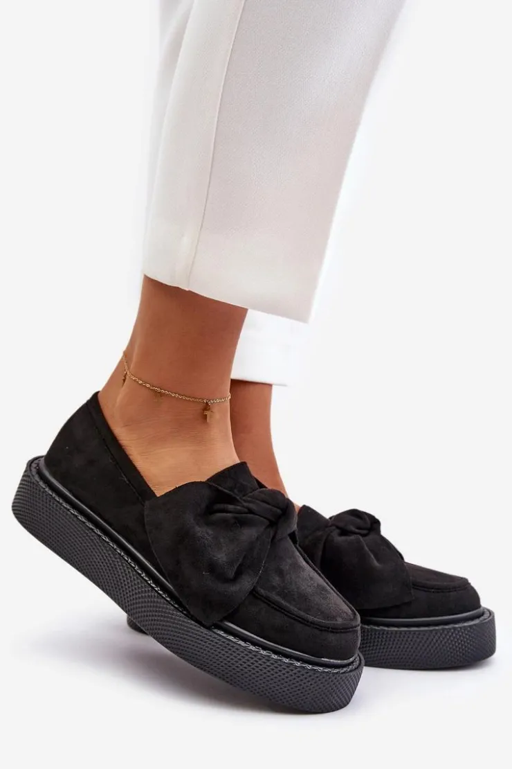 Damskie Boto Mokasyny Damskie Na Platformie Z Kokardą Czarne Naivine