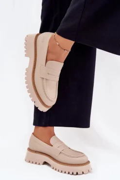 Damskie Big Star Shoes Mokasyny Damskie Na Platformie I Płaskim Obcasie Big Star NN274050 Beżowe