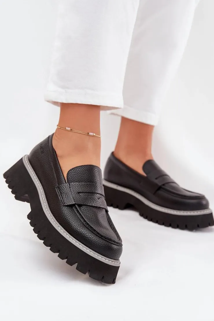 Big Star Shoes Mokasyny Płaskie|Mokasyny Damskie Skórzane*Mokasyny Damskie Na Platformie I Płaskim Obcasie Big Star NN274049 Czarne Czarny