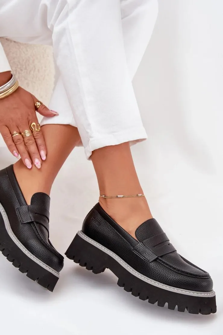 Big Star Shoes Mokasyny Płaskie|Mokasyny Damskie Skórzane*Mokasyny Damskie Na Platformie I Płaskim Obcasie Big Star NN274049 Czarne Czarny