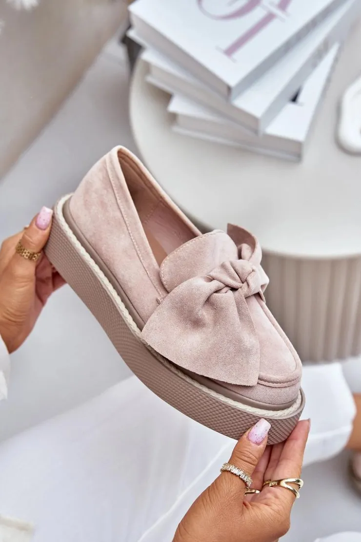 Boto Loafersy Damskie|Mokasyny Na Platformie*Mokasyny Damskie Na Platformie Z Kokardą Pudrowy Róż Naivine