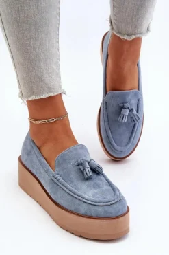 Online Boto Mokasyny Damskie Na Platformie Z Frędzlami Niebieskie Mialani