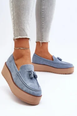 Online Boto Mokasyny Damskie Na Platformie Z Frędzlami Niebieskie Mialani