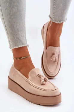 Damskie Boto Mokasyny Damskie Na Platformie Z Frędzlami Jasnobeżowe Mialani