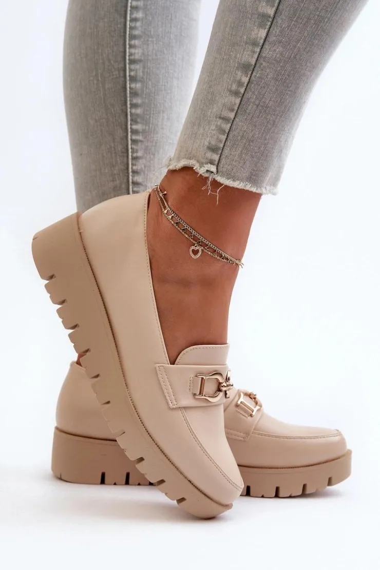 Damskie Evento Mokasyny Damskie Na Platformie Z Ozdobą Jasnobeżowe Kaldina