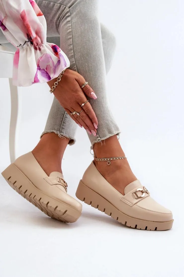 Damskie Evento Mokasyny Damskie Na Platformie Z Ozdobą Jasnobeżowe Kaldina